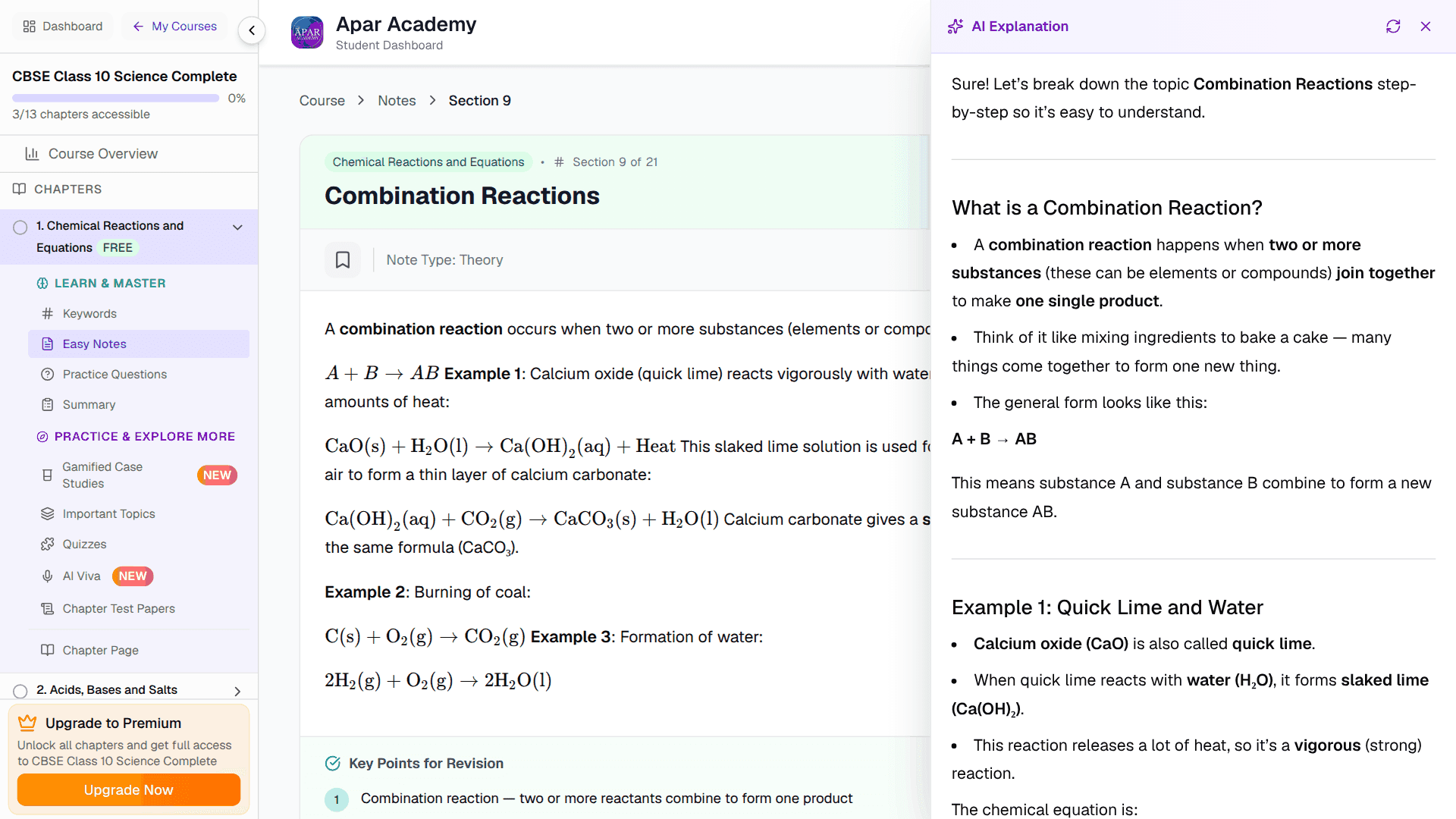 AI Explain on a note about combination reactions