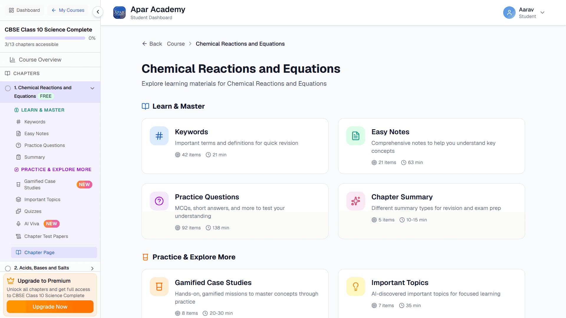 Apar Academy: a Class 10 Science chapter with every way to study it on one page