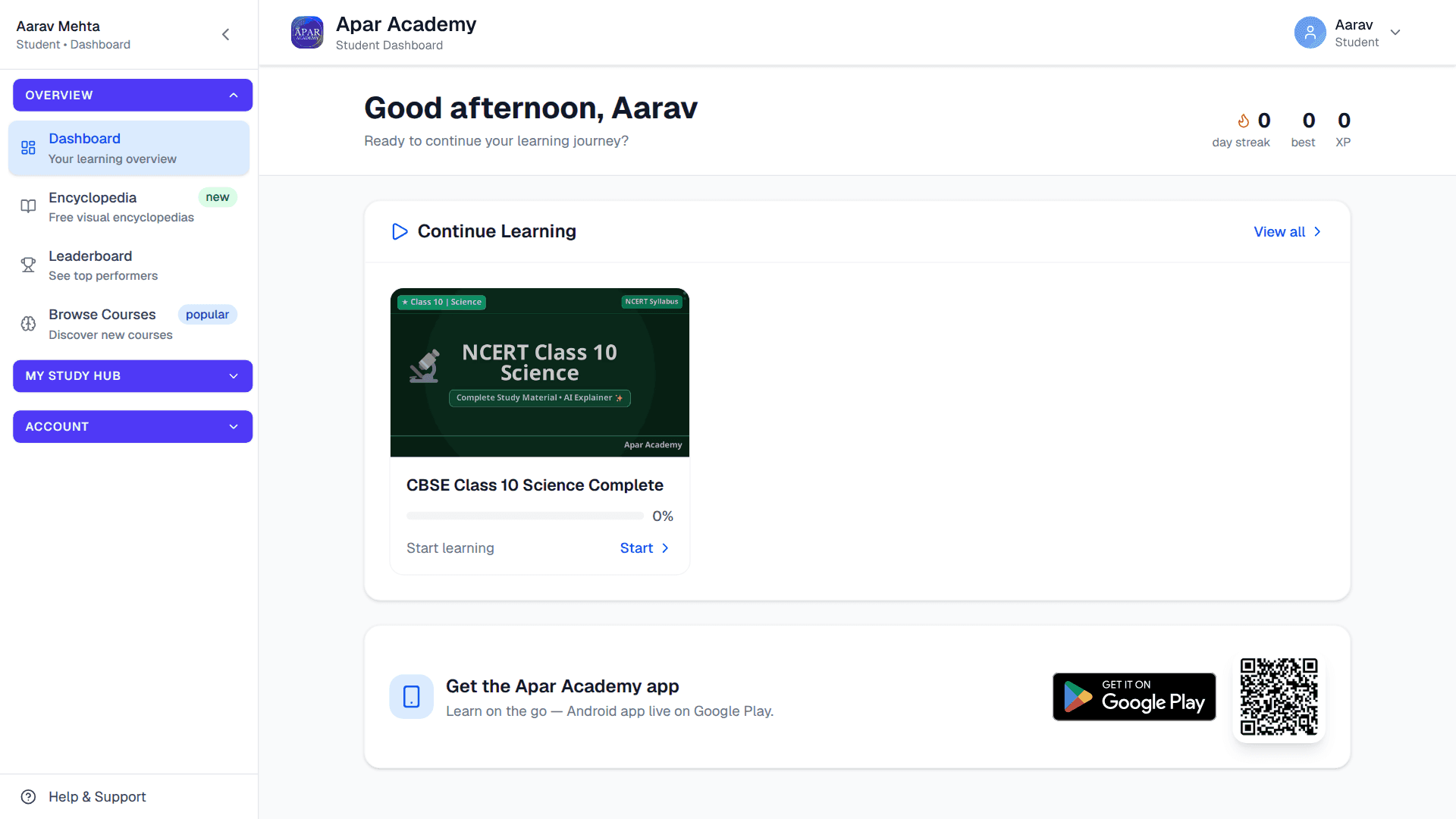 Apar Academy: the student dashboard