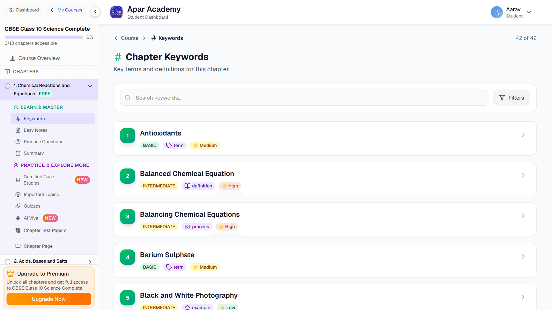 Apar Academy: chapter keywords