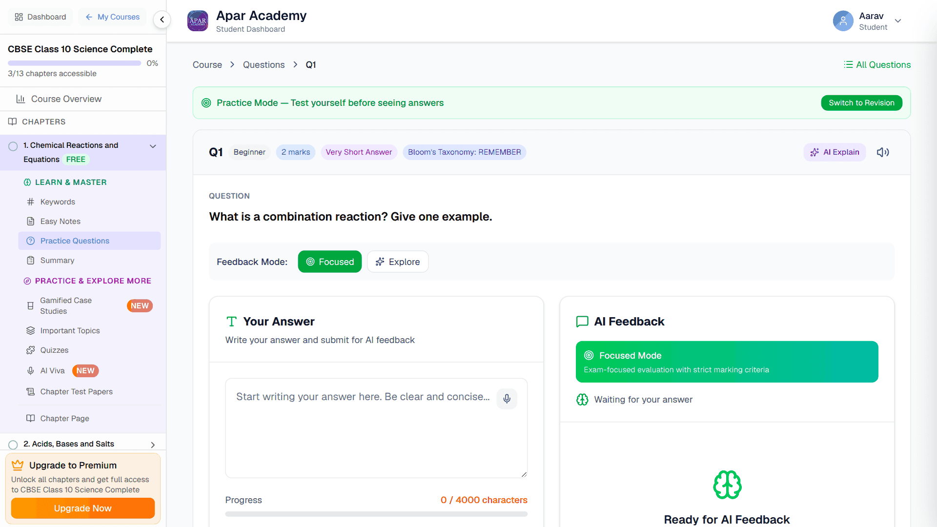 A practice question with its answer box and AI feedback modes