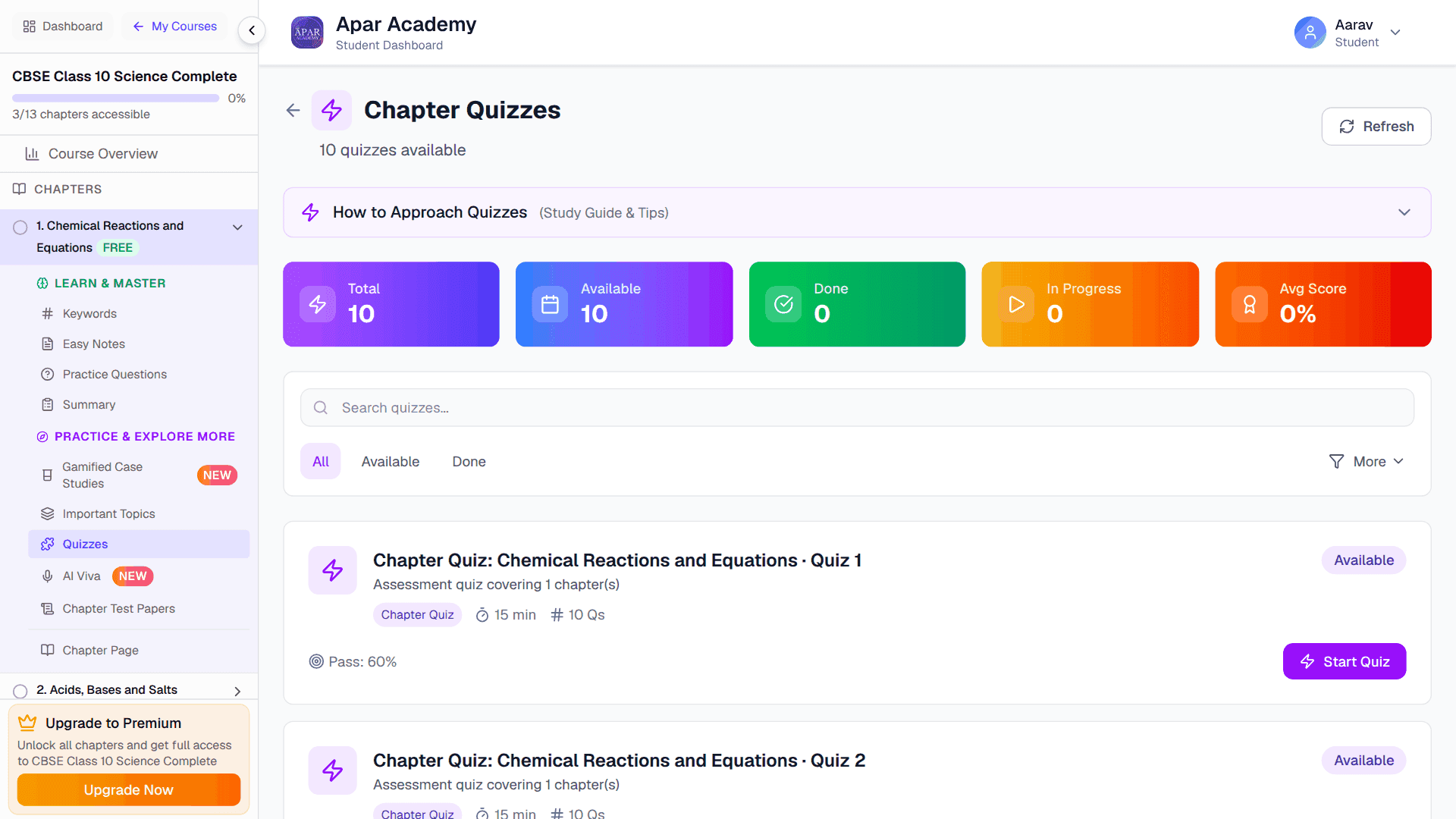 Apar Academy: chapter quizzes