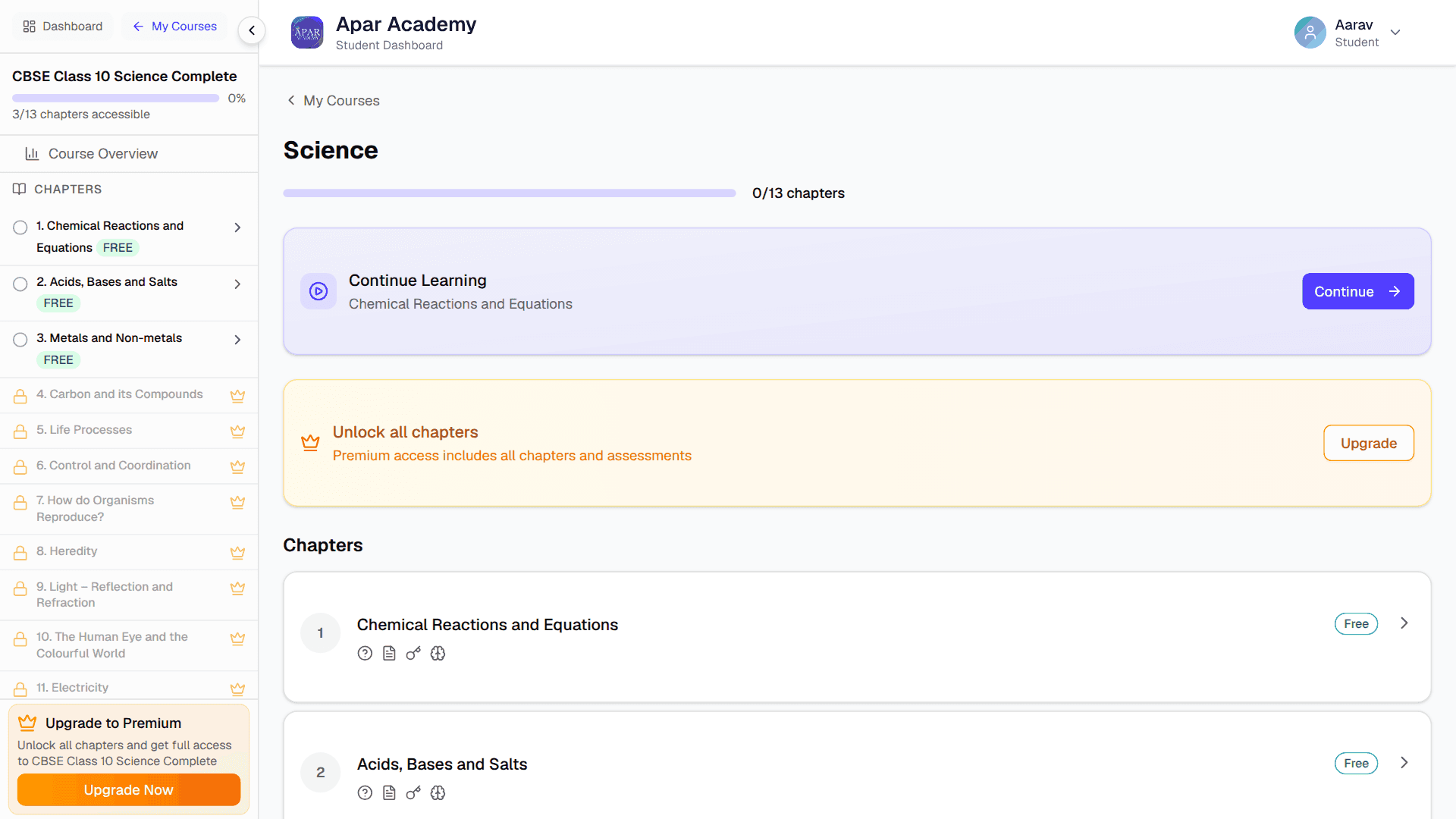 A subject page showing three of thirteen chapters open on the free plan
