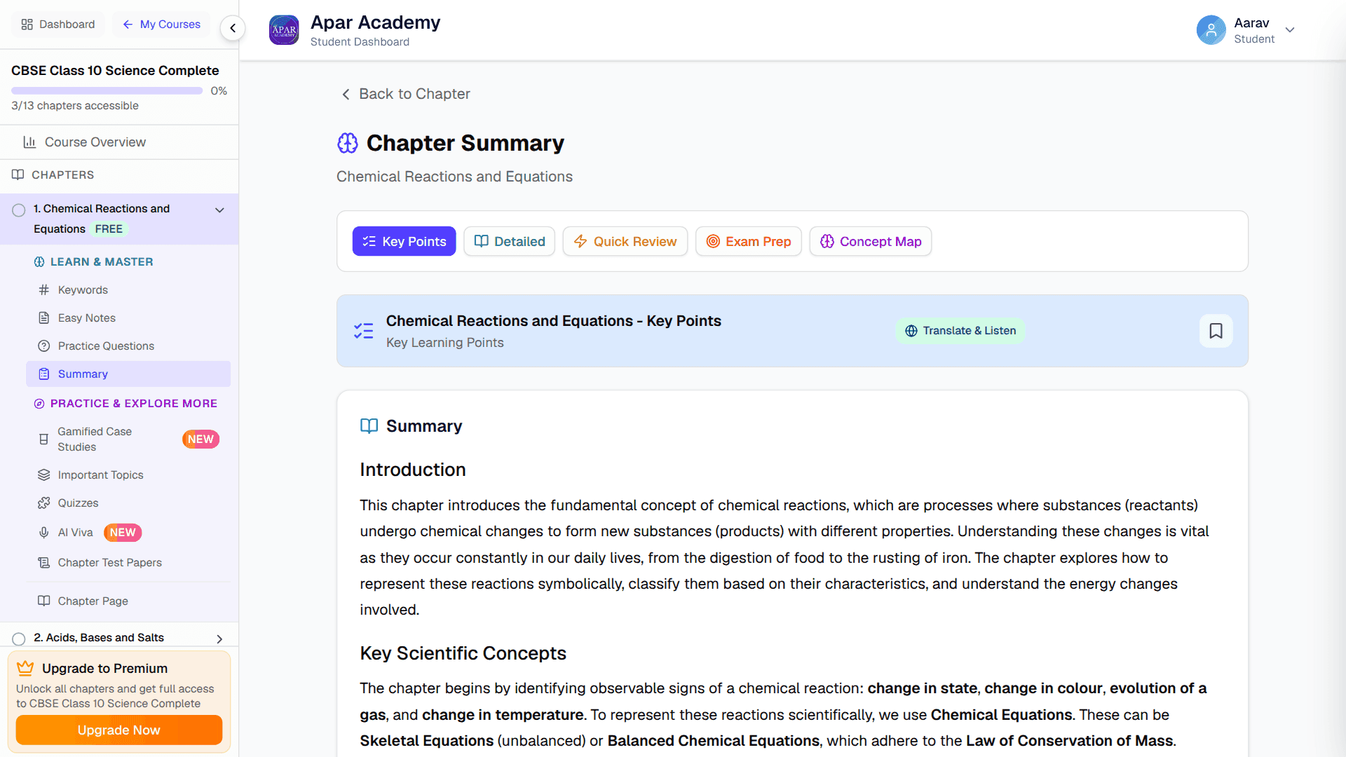 A chapter summary in Apar Academy, with its five formats