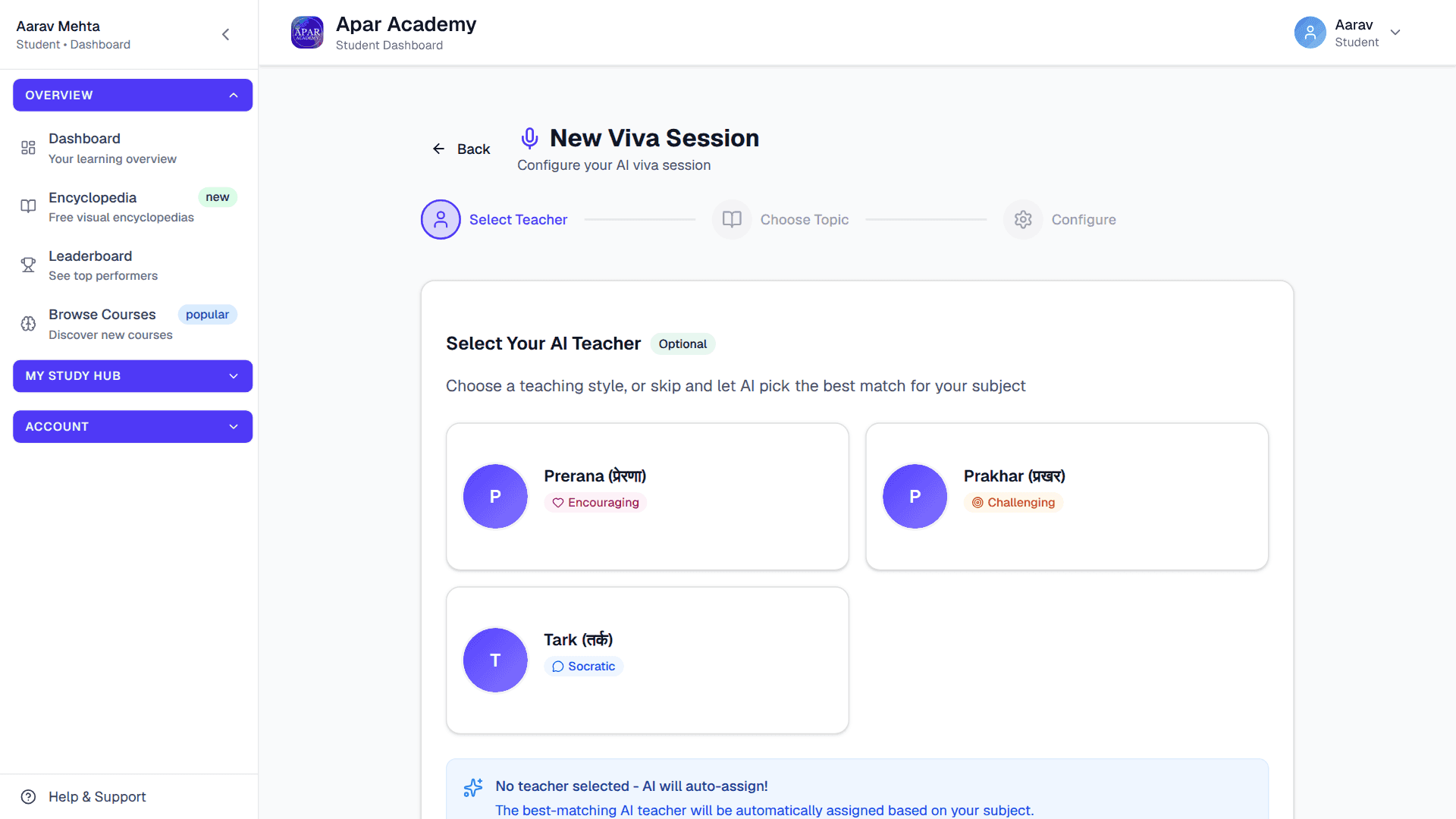 Choosing an AI teacher for a new viva in Apar Academy