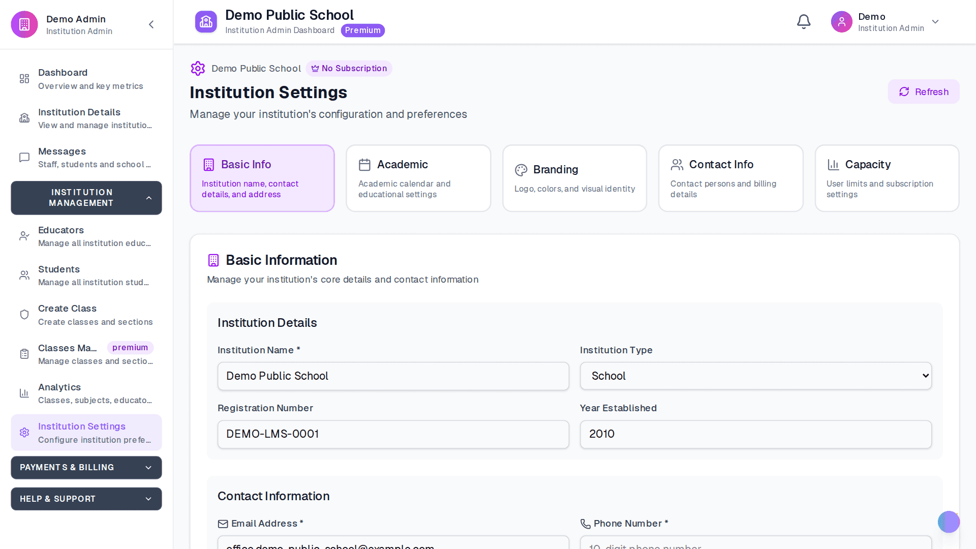 Apar AI LMS — institution settings