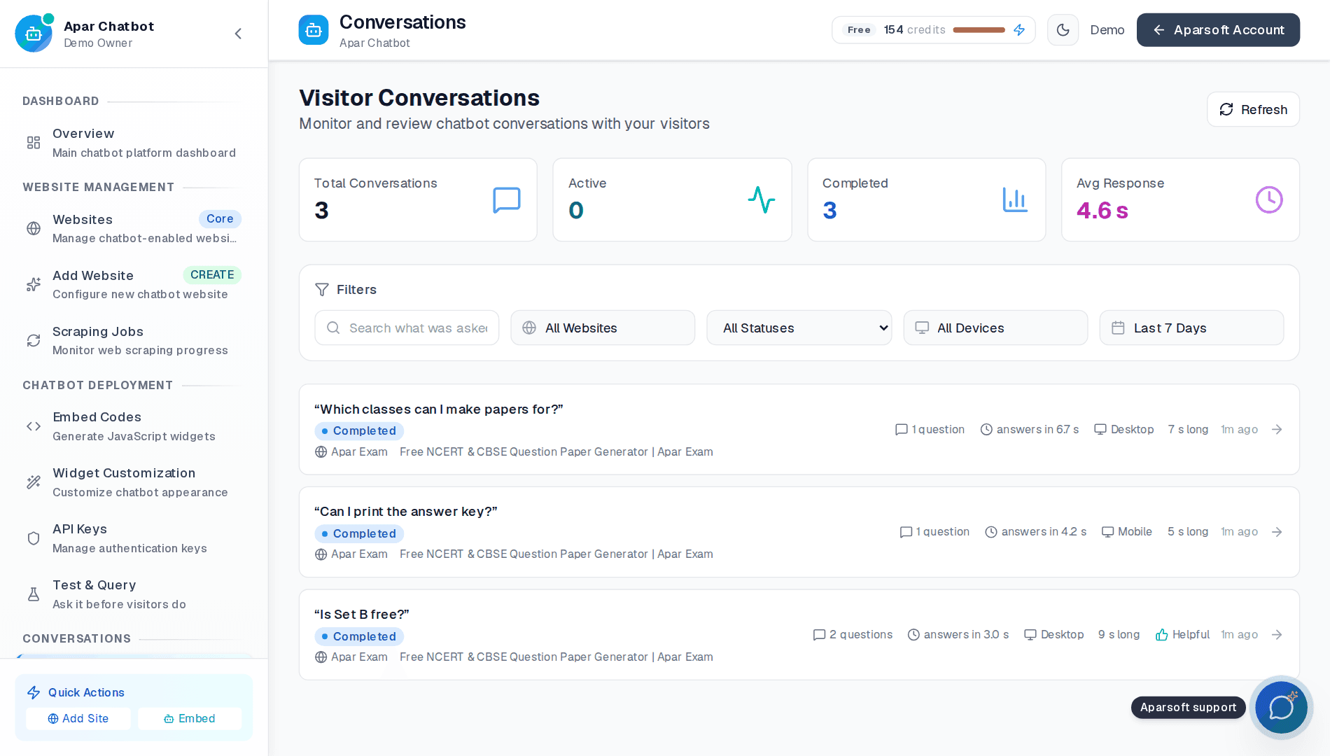 Apar Chatbot: visitor conversations