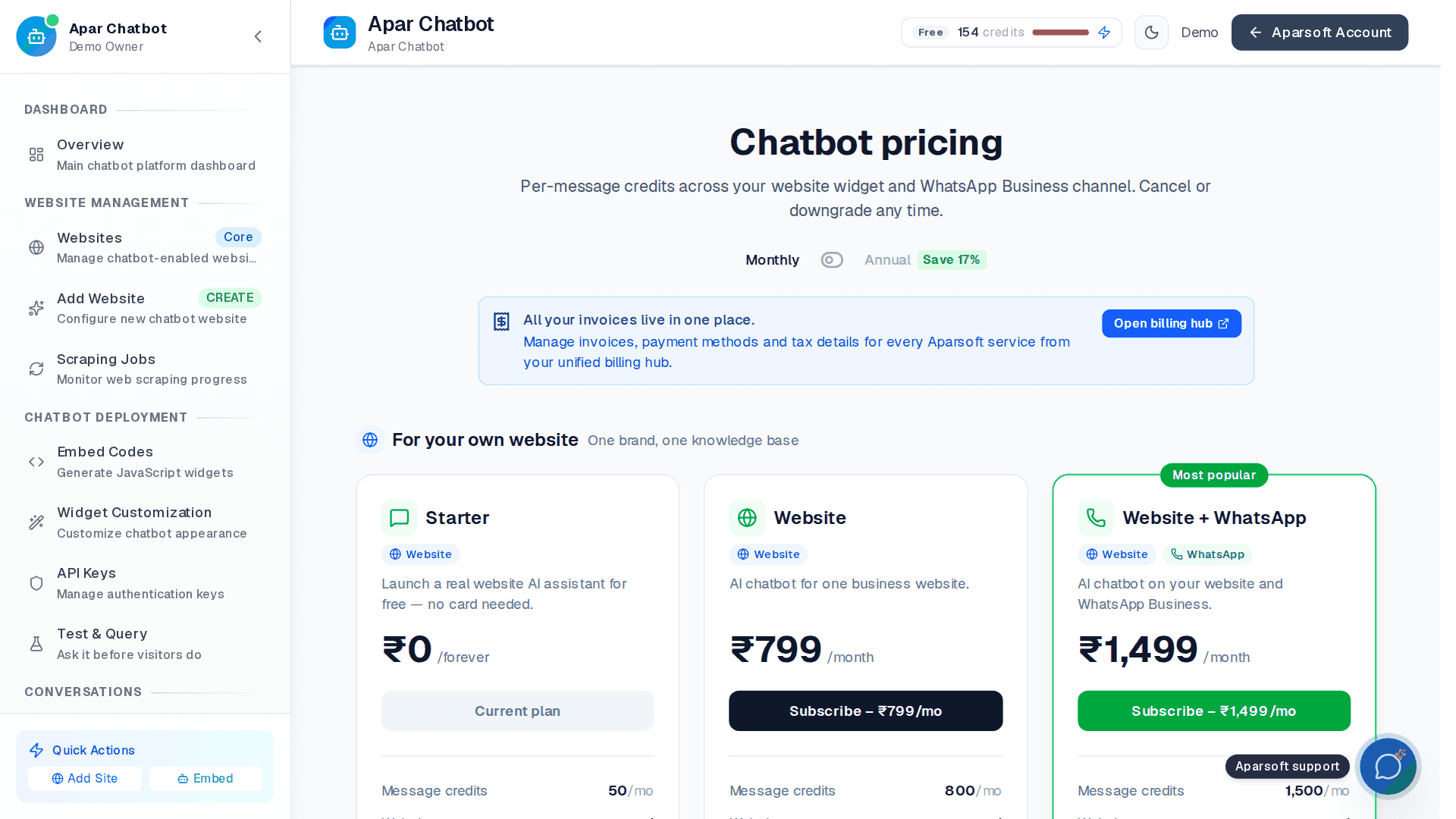 Apar Chatbot: pricing and plans