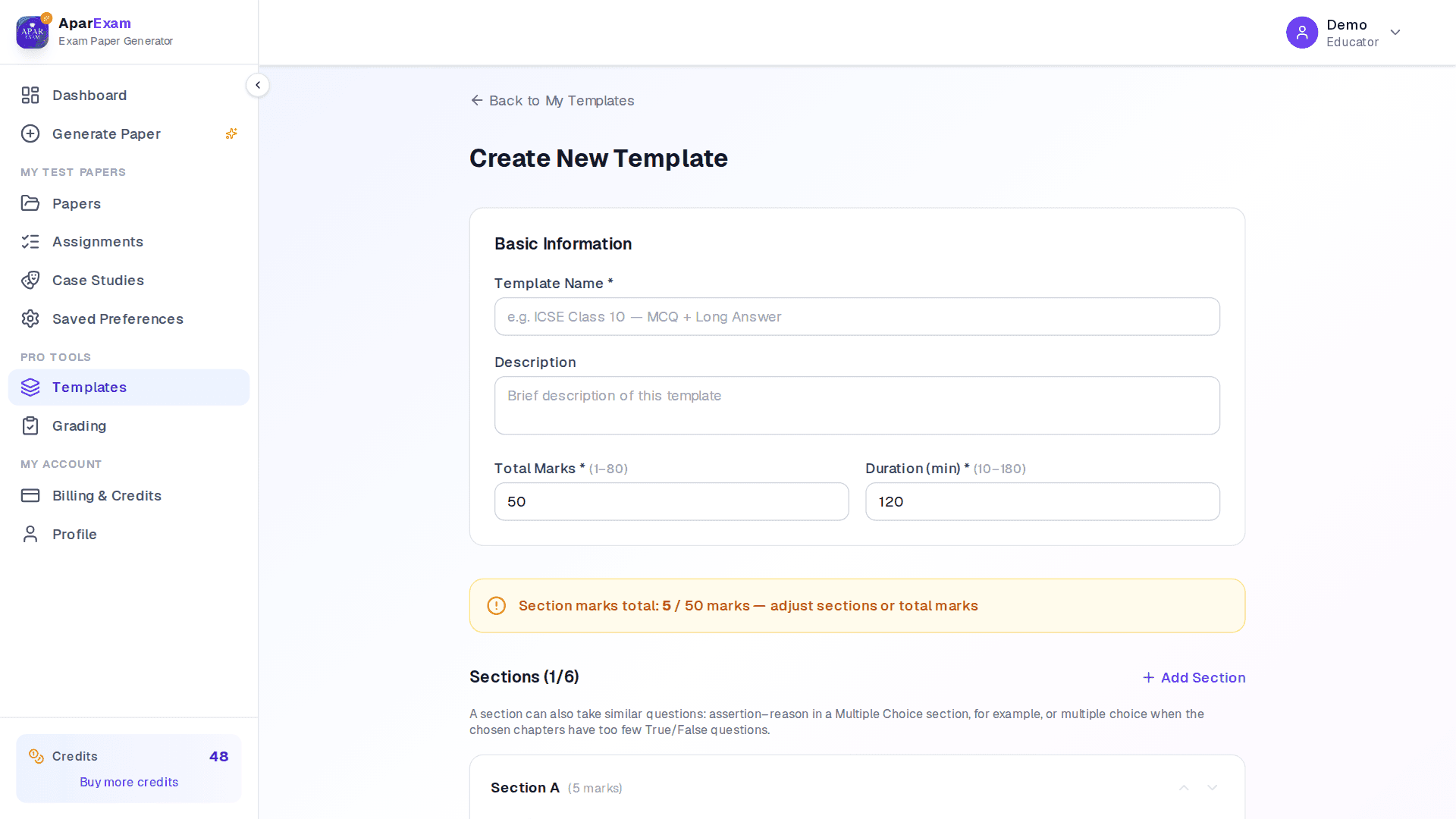 Apar Exam — Custom Templates