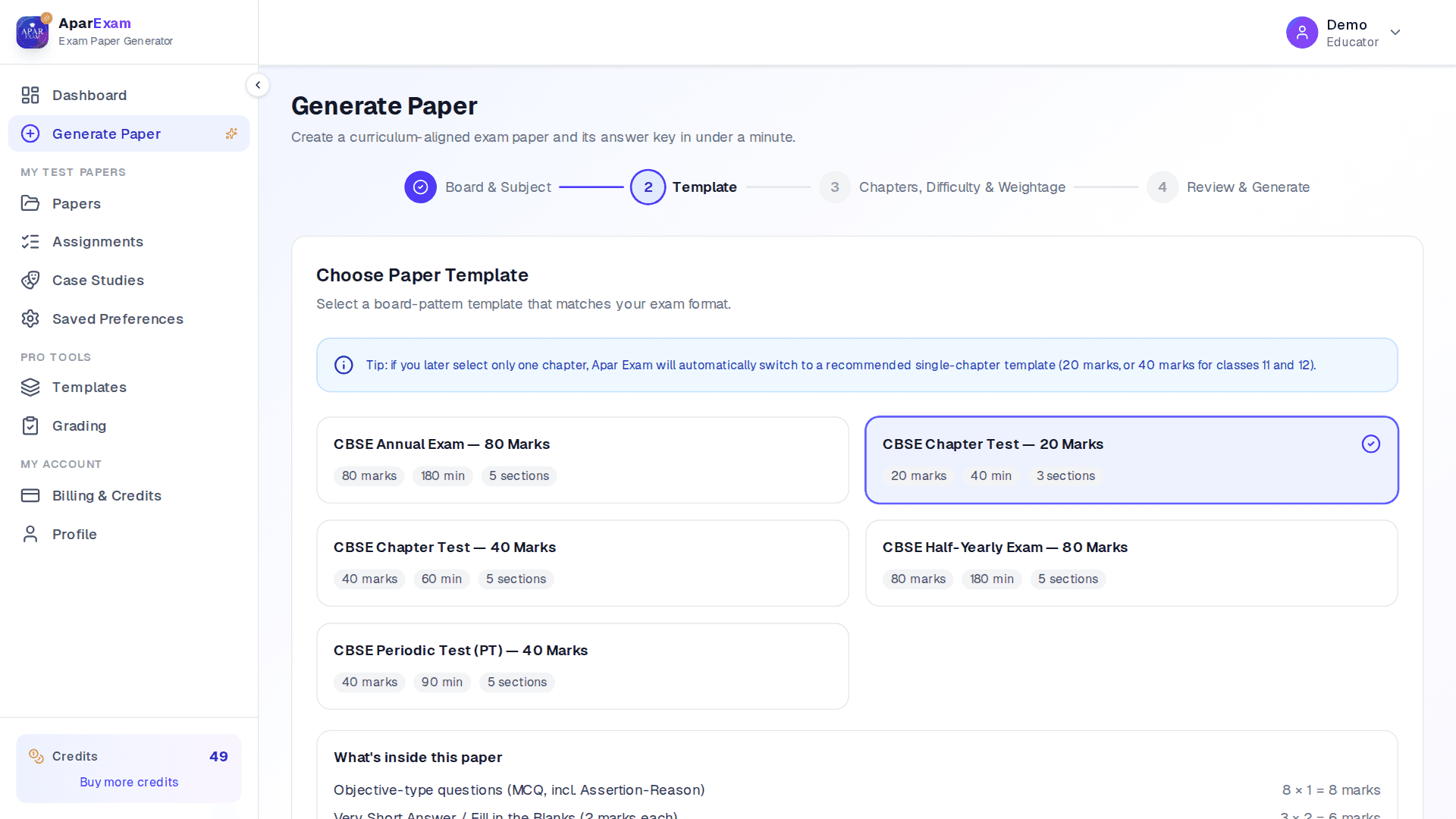 Apar Exam — Step 2: Choose Template