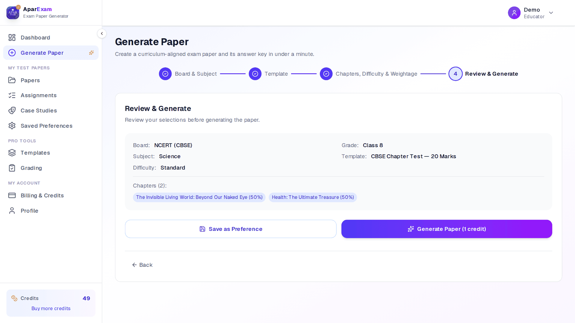 Apar Exam — Step 4: Review & Generate