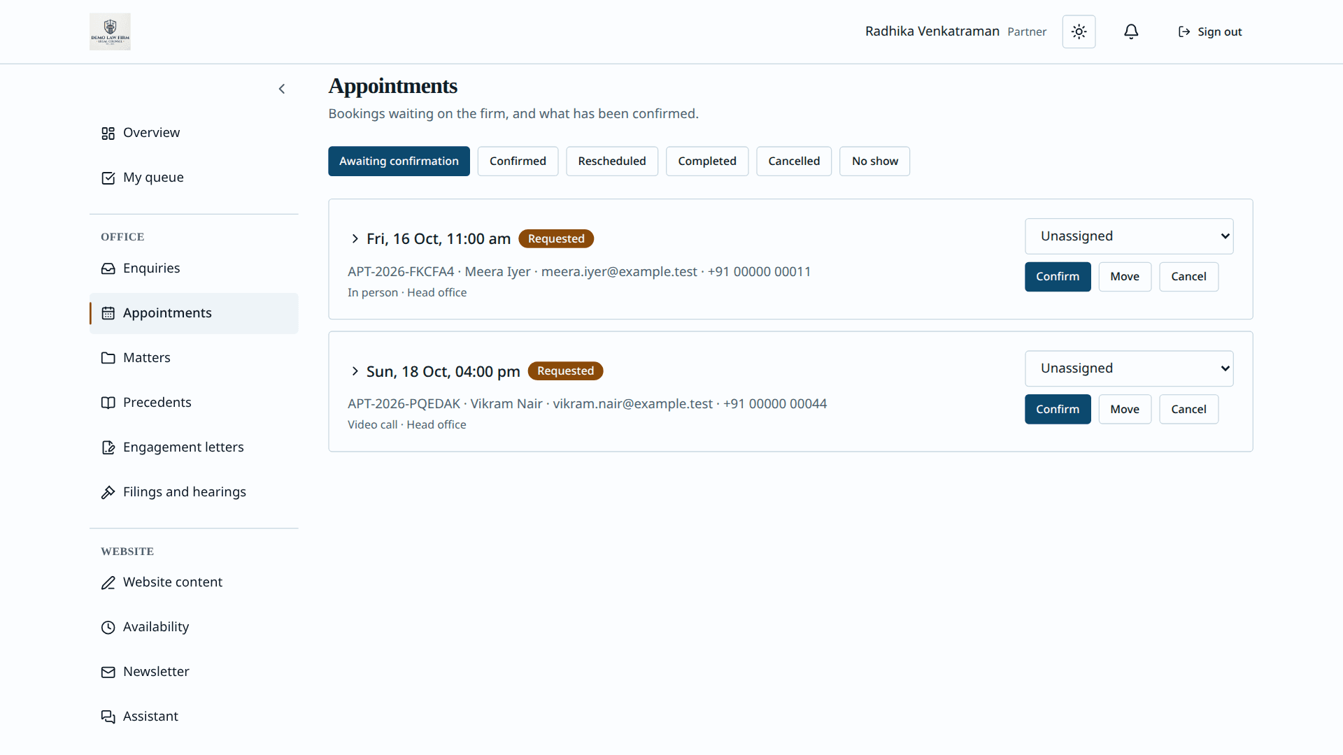 Aparsoft LegalOS — appointment requests