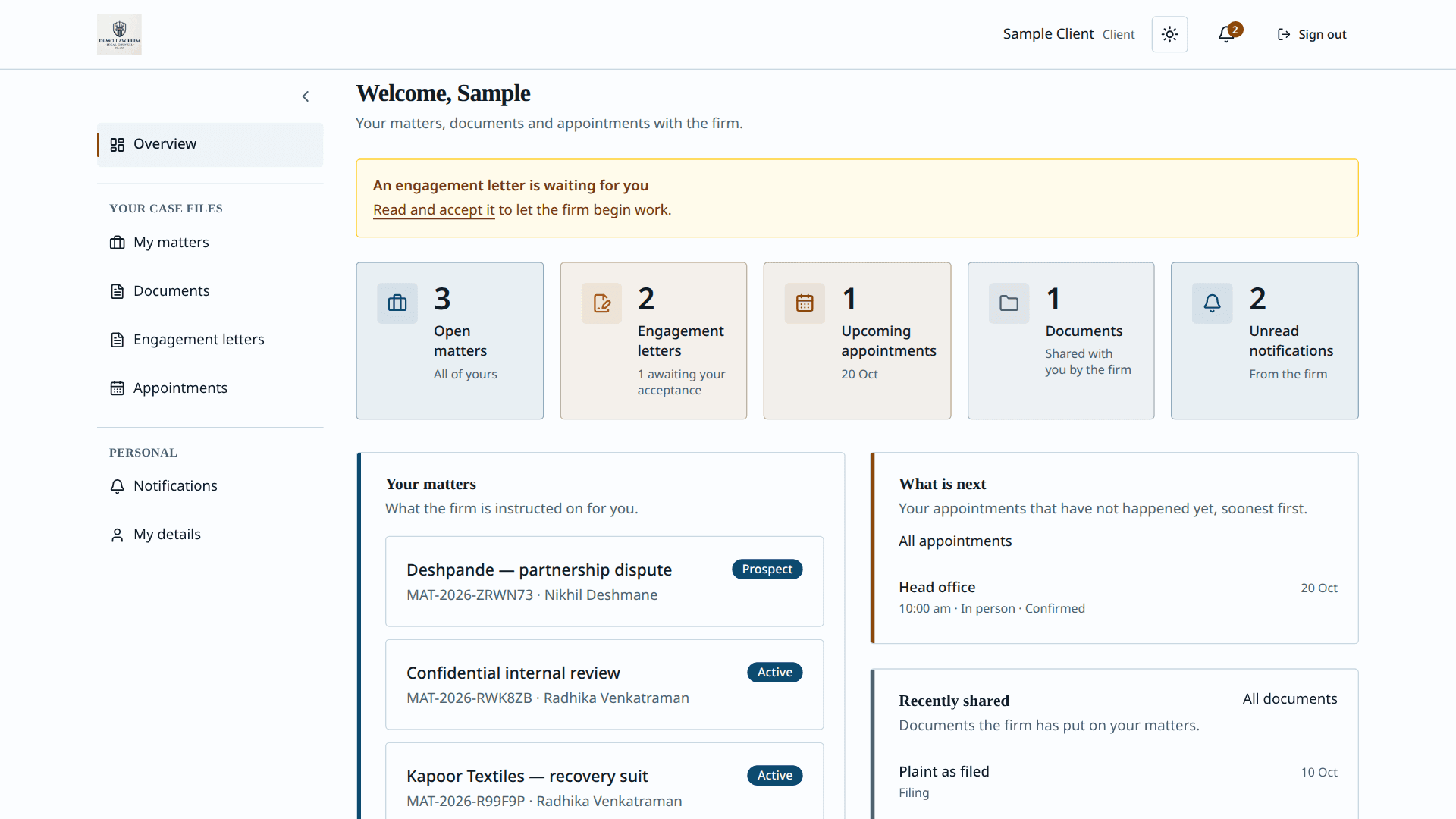 Aparsoft LegalOS — client portal overview