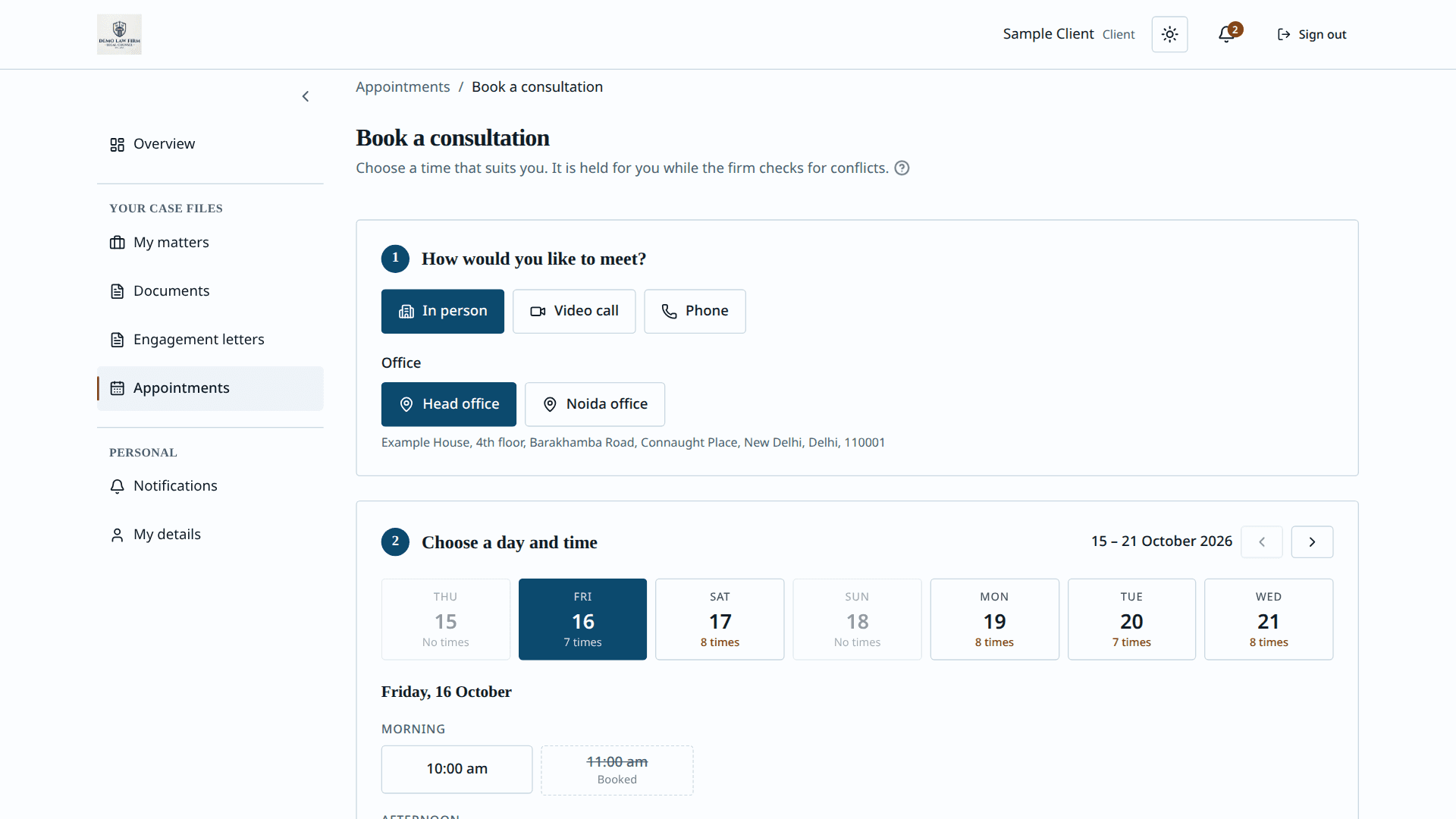Aparsoft LegalOS — client books a consultation