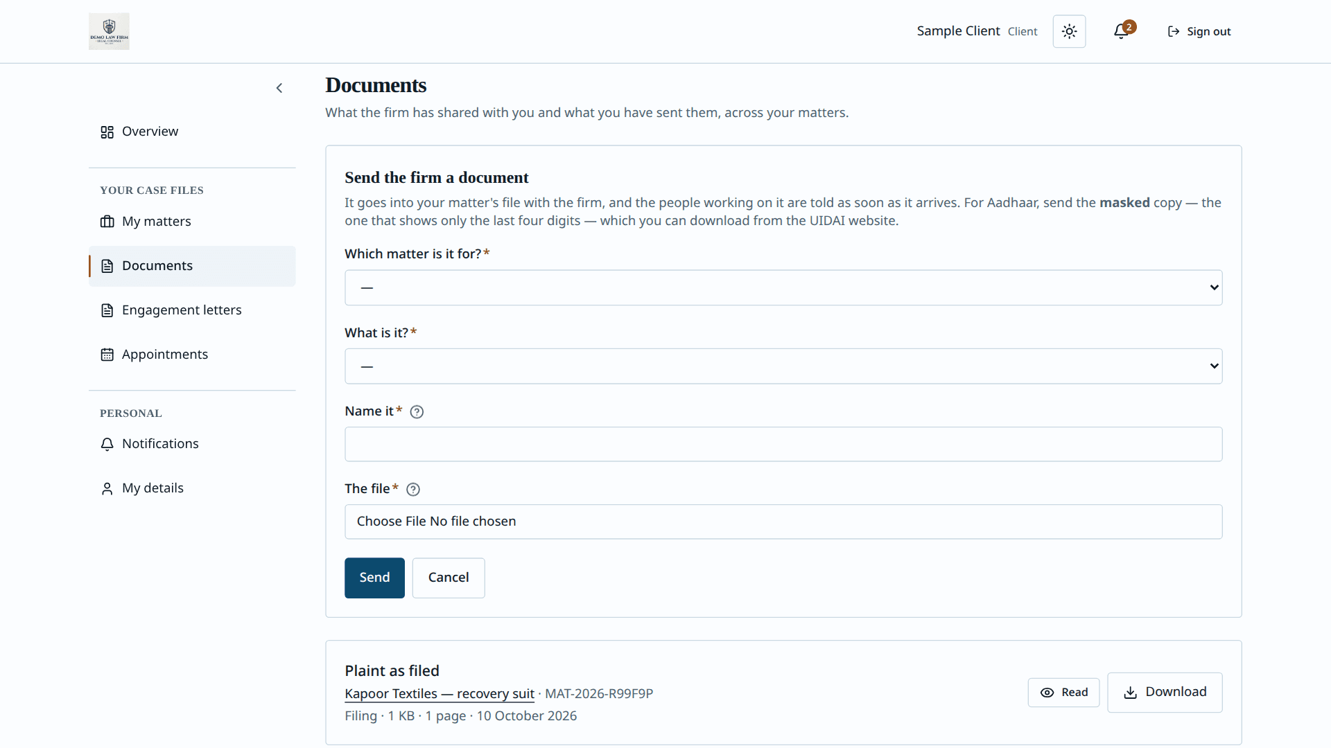 Aparsoft LegalOS — client sends a document