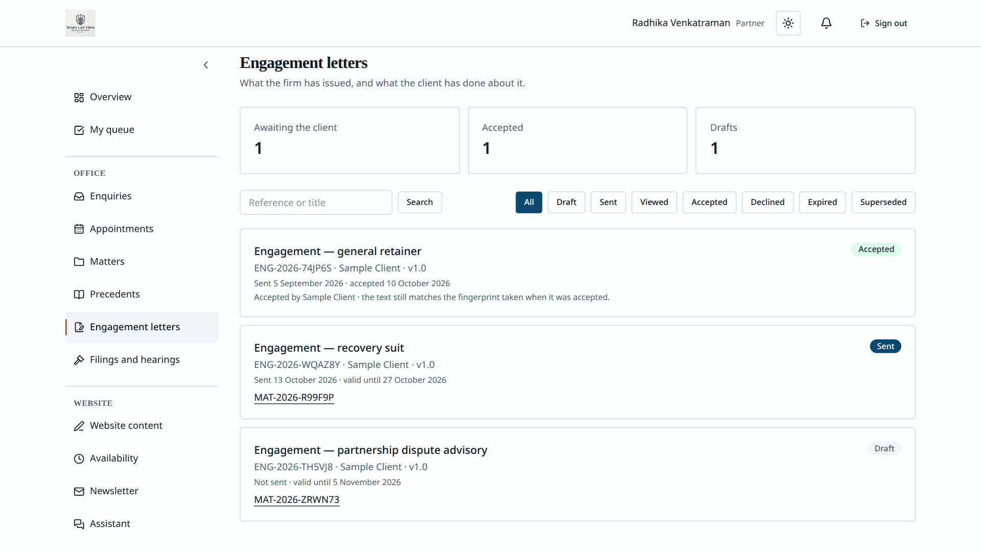 Aparsoft LegalOS — engagement letters