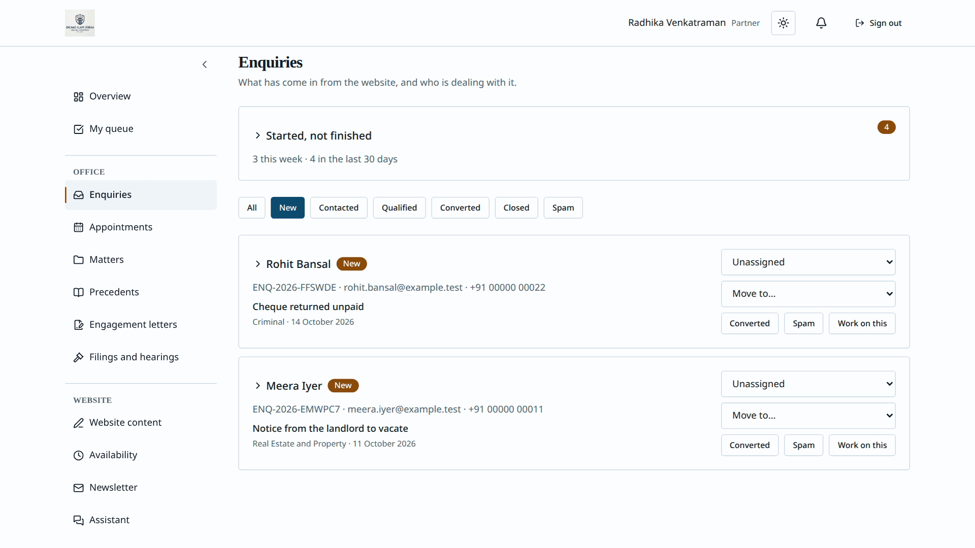 Aparsoft LegalOS — enquiries queue