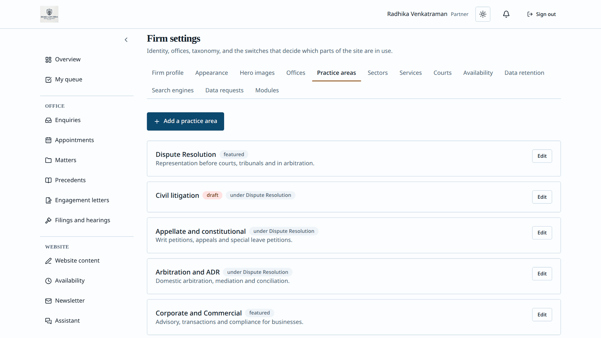 Aparsoft LegalOS — practice areas configuration