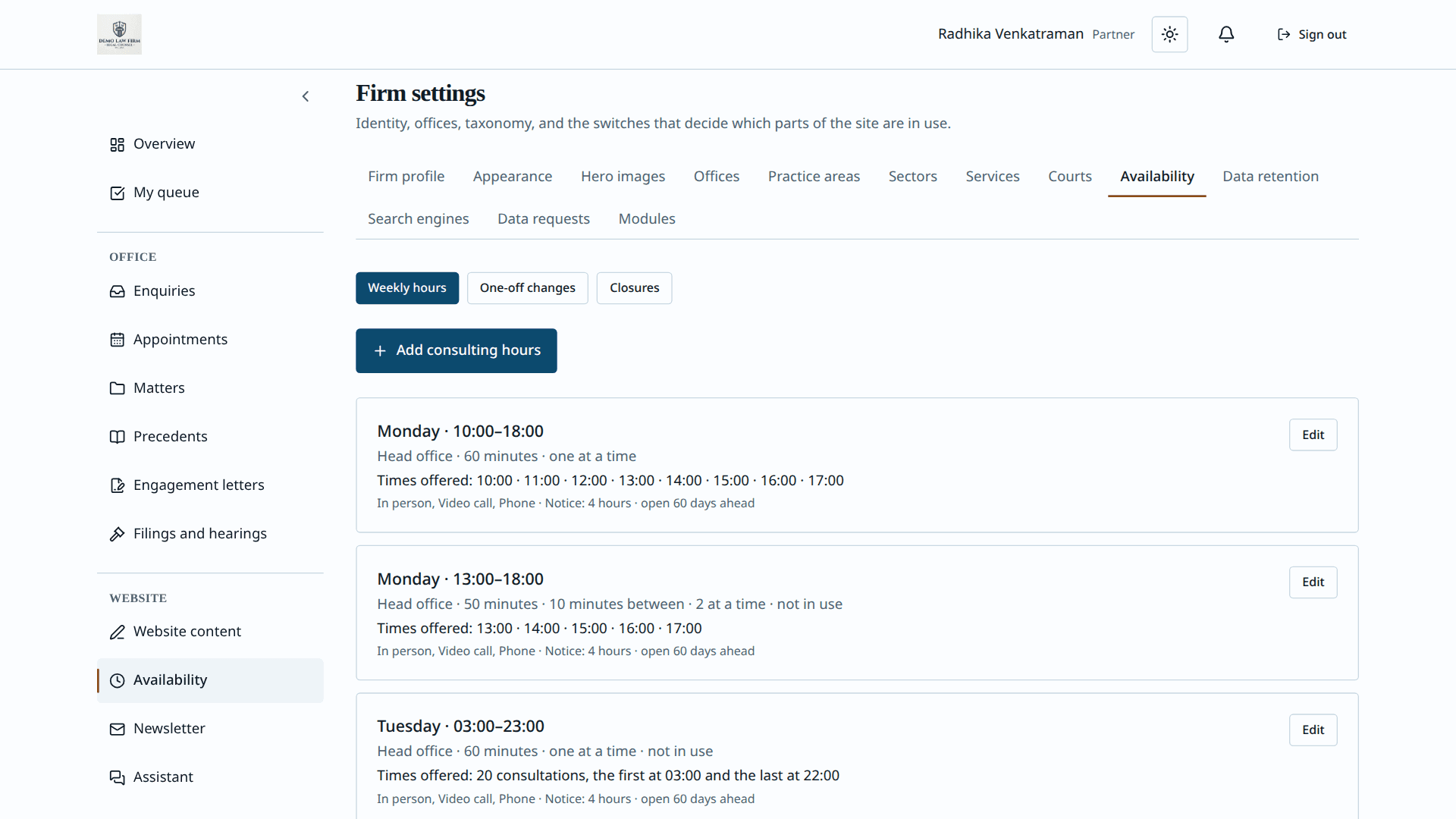 Aparsoft LegalOS — consulting hours availability settings