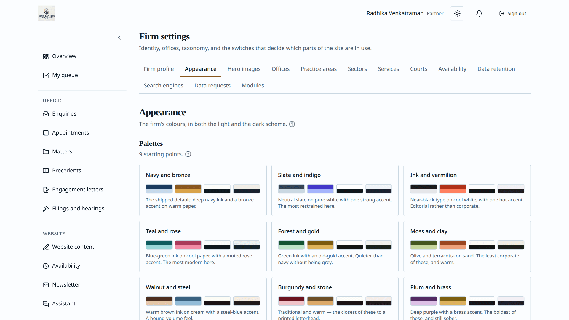 Aparsoft LegalOS — appearance and palettes