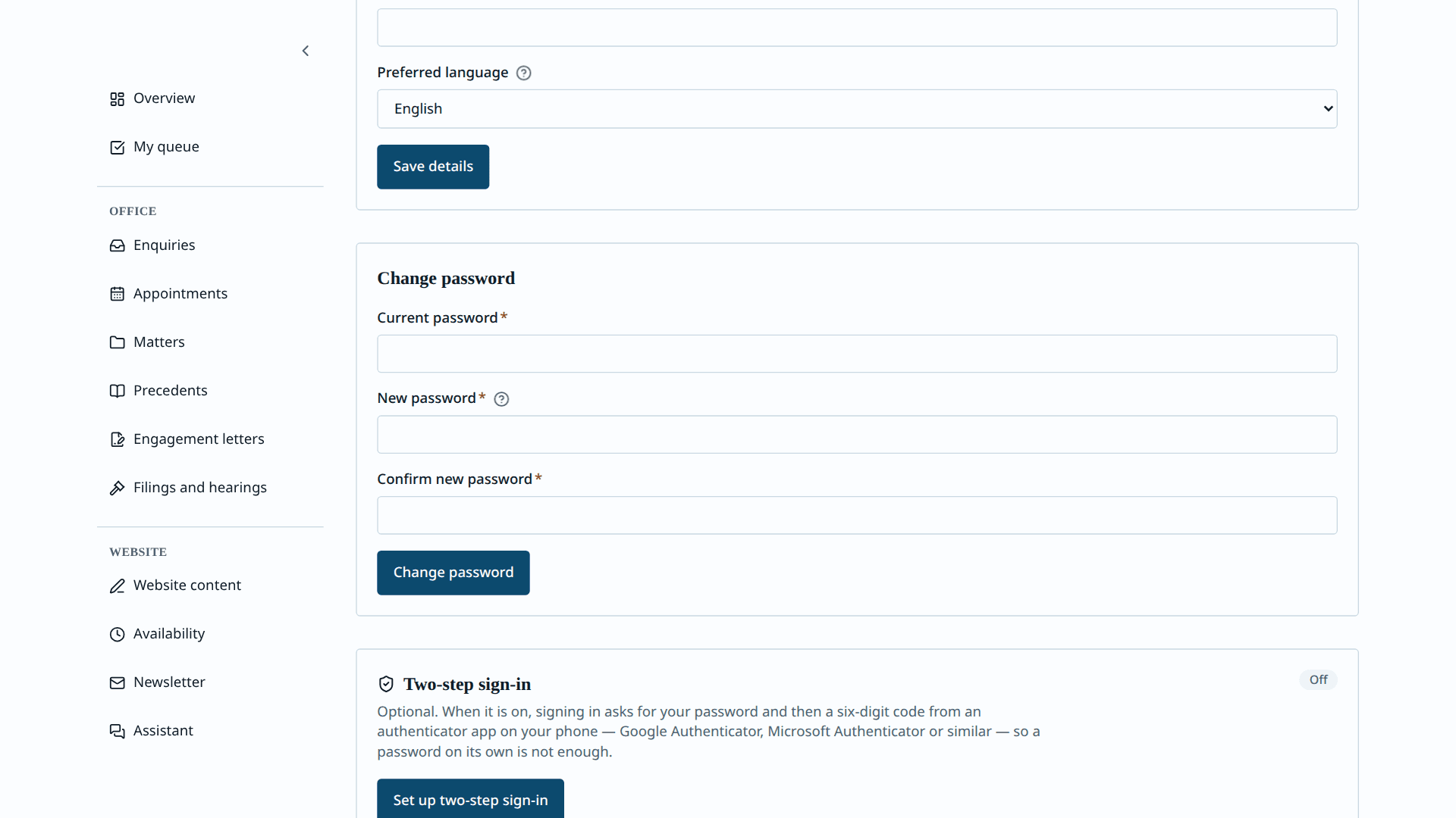 Aparsoft LegalOS — two-step sign-in
