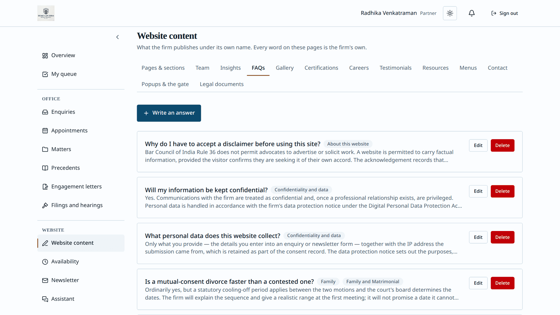 Aparsoft LegalOS — FAQ editor
