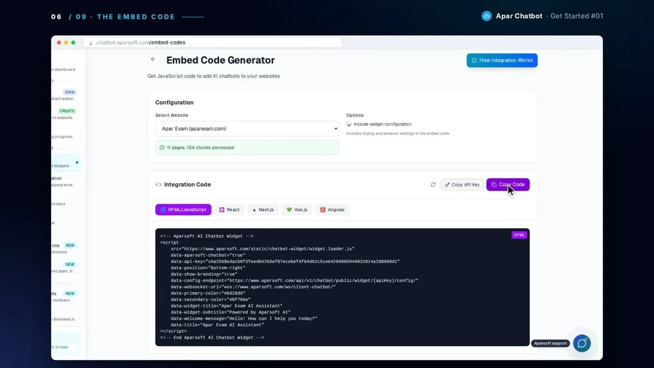 The Embed Code Generator with the HTML code for aparexam.com
