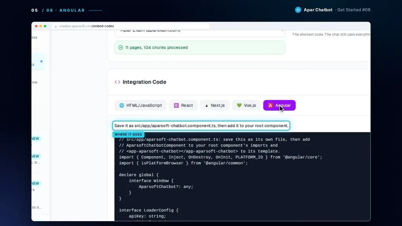 The Angular tab: save it as src/app/aparsoft-chatbot.component.ts, then add it to the root component