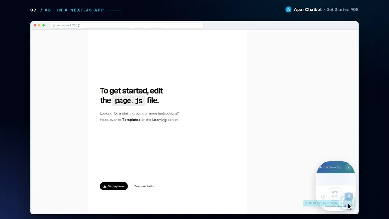 A new Next.js app with the chat open and greeting the visitor
