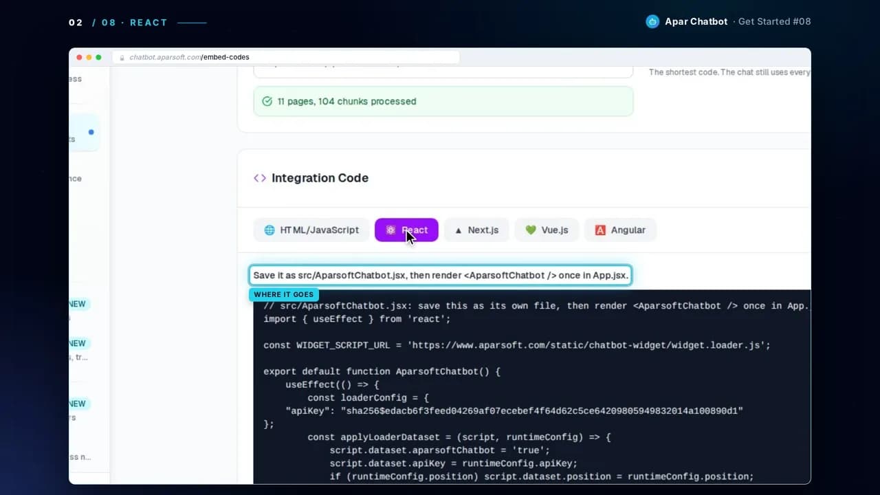 The React tab: save it as src/AparsoftChatbot.jsx, then render it once in App.jsx