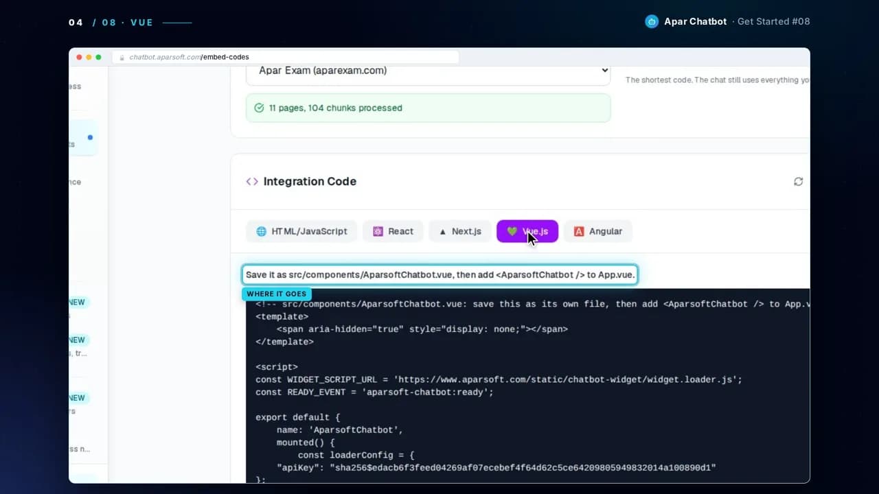 The Vue.js tab: save it as src/components/AparsoftChatbot.vue, then add it to App.vue