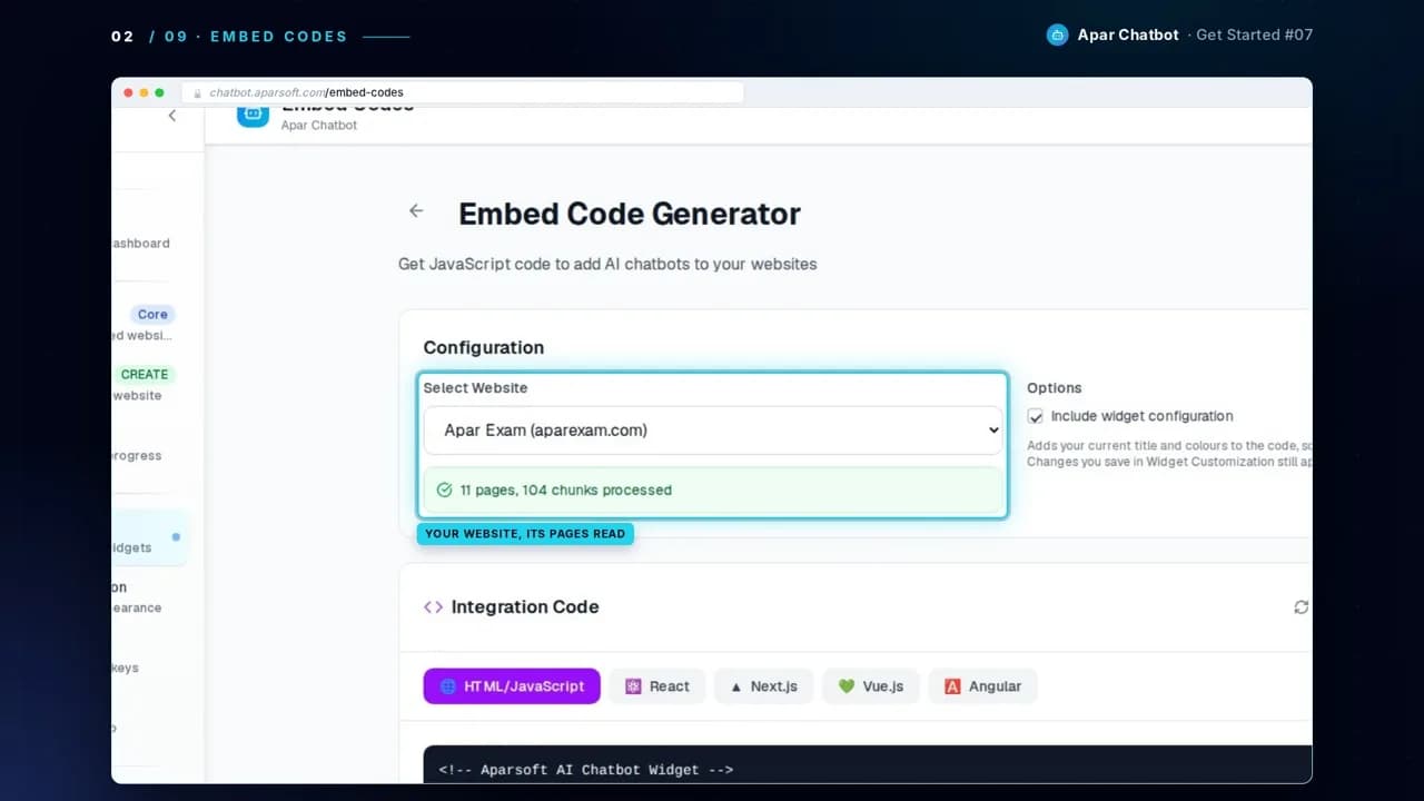 The Embed Code Generator with aparexam.com selected and its pages read