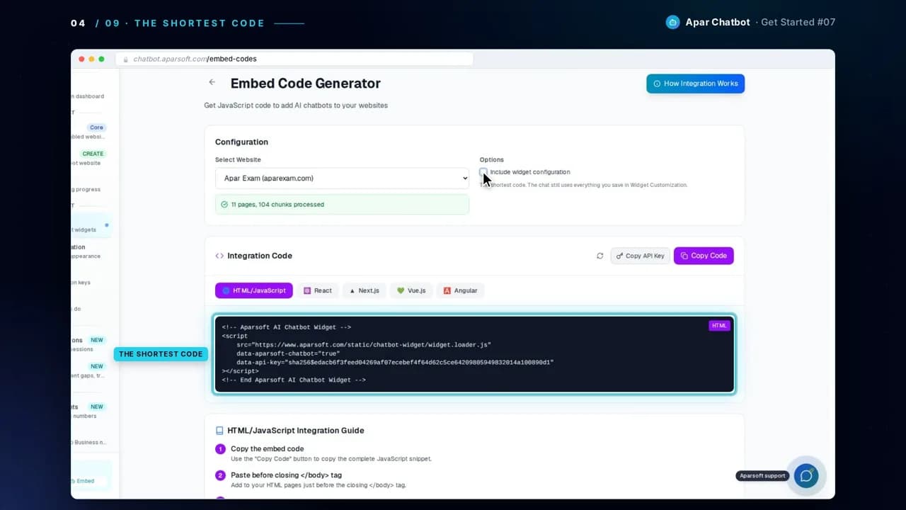 Include widget configuration unticked, and the shortest code