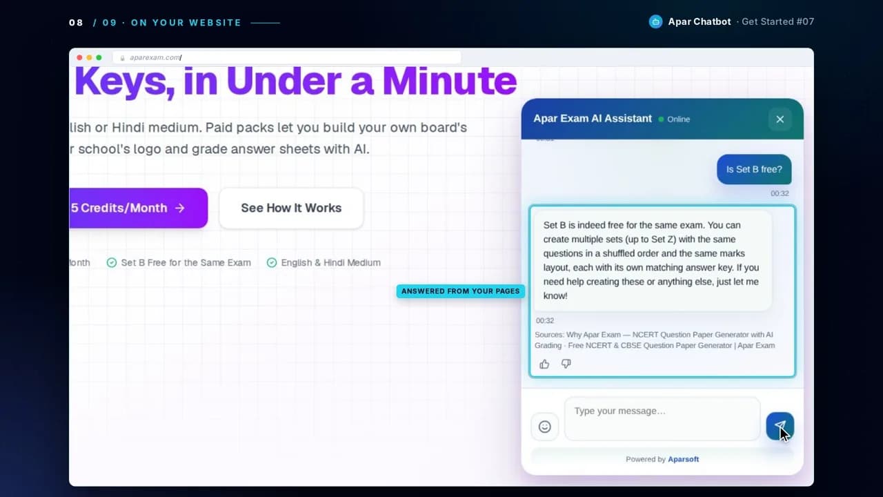 A visitor's question answered in the chat on aparexam.com, with its sources