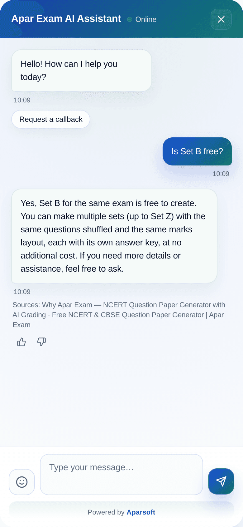 The same bot on the client's website, on a phone, answering with its sources