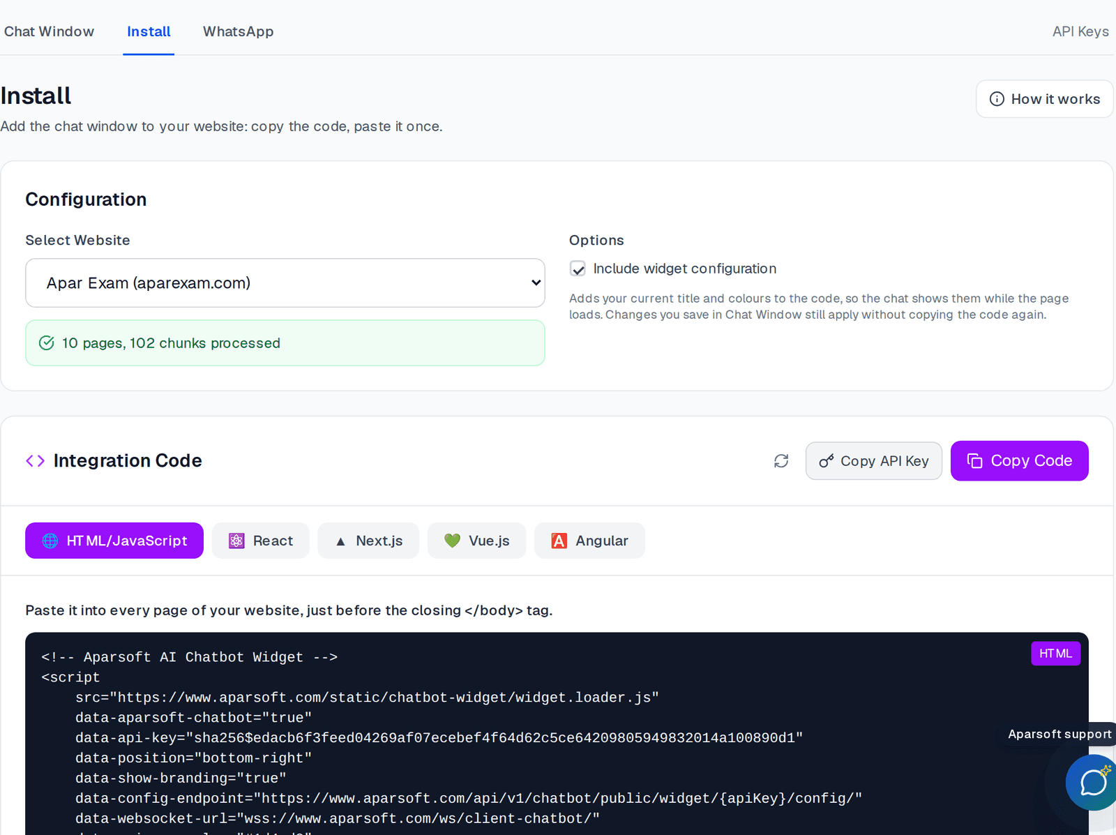 Install: pick the client's website and copy its code for HTML, React, Next.js, Vue or Angular