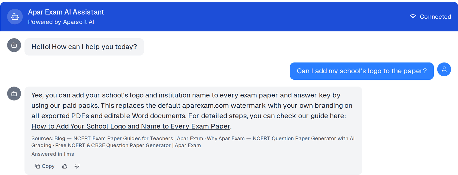 Try Your Bot: a question answered from the client's own website, with its sources