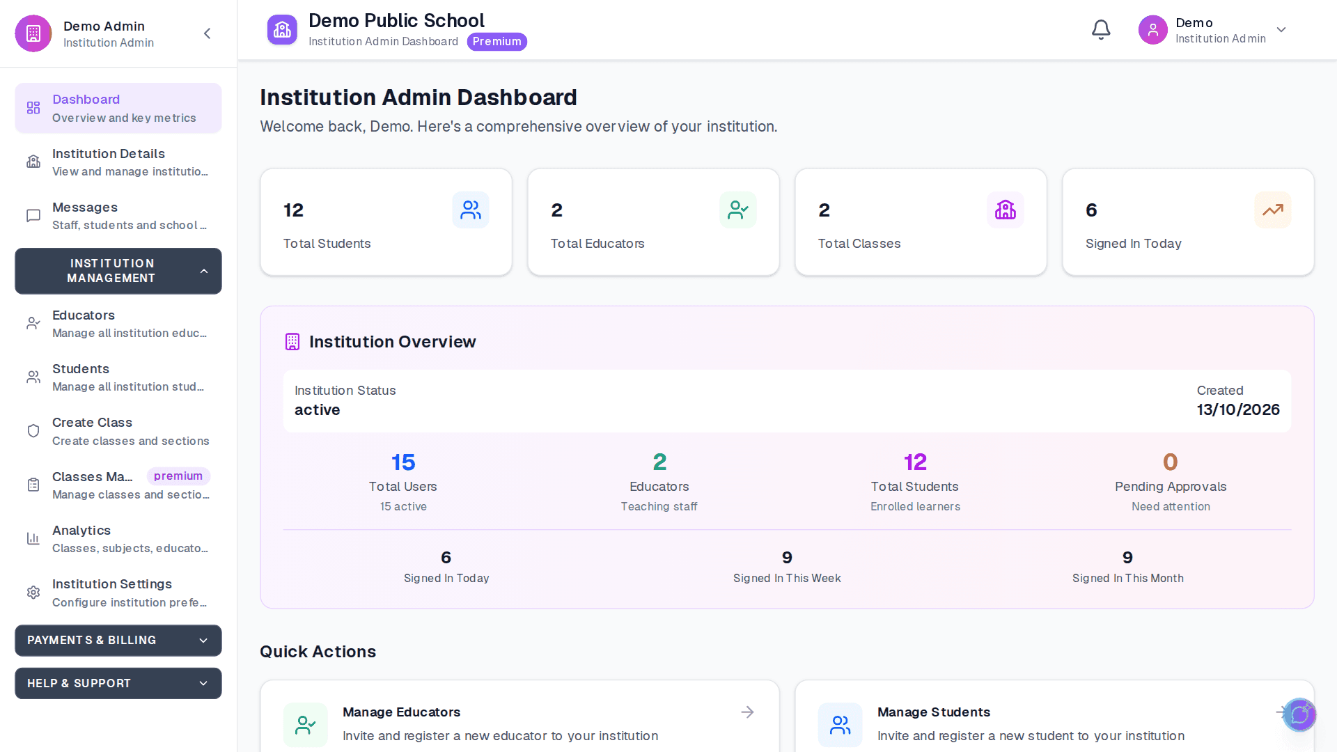 The Apar AI LMS school office dashboard
