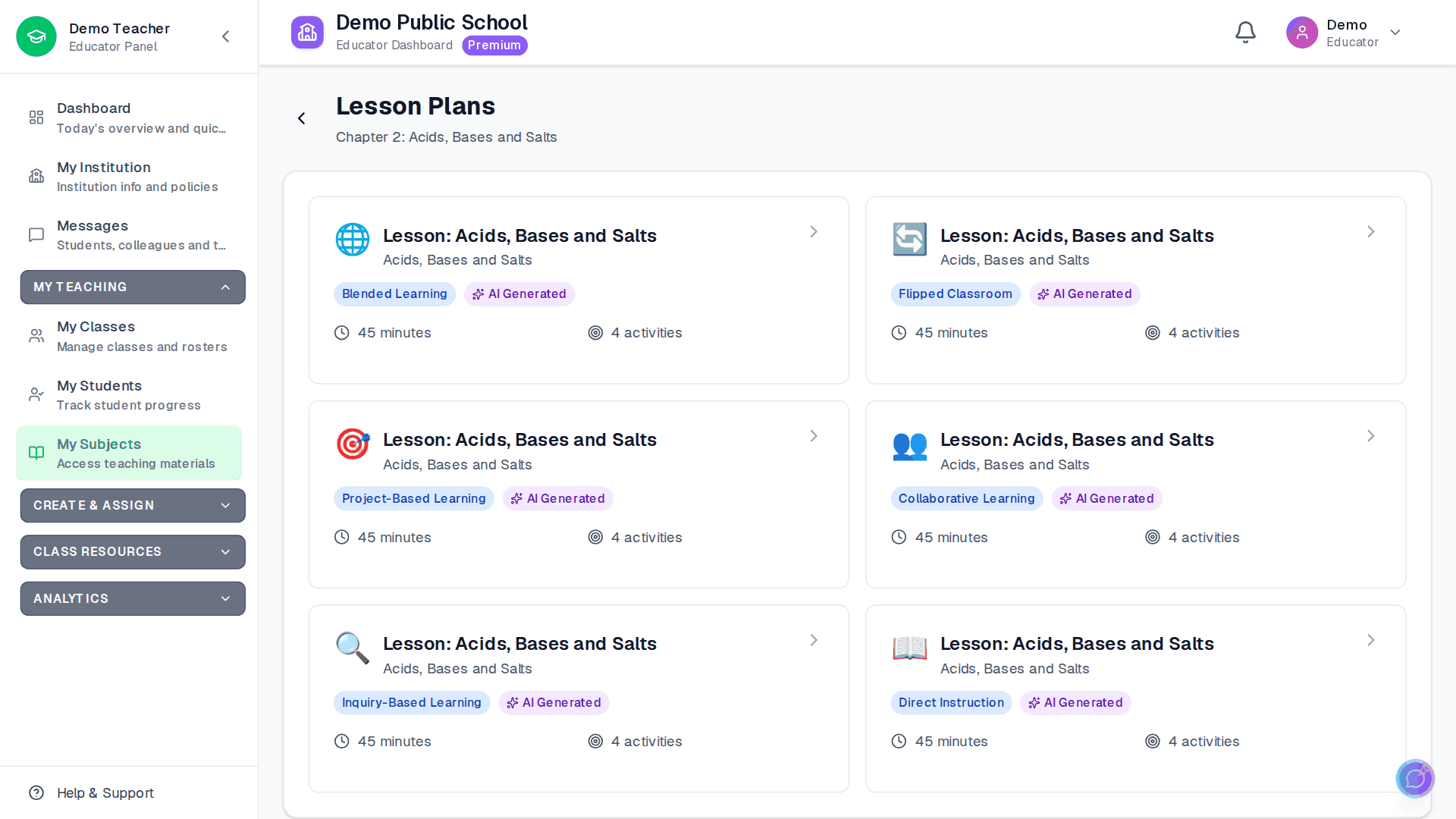 Six lesson plans for one chapter in Apar AI LMS