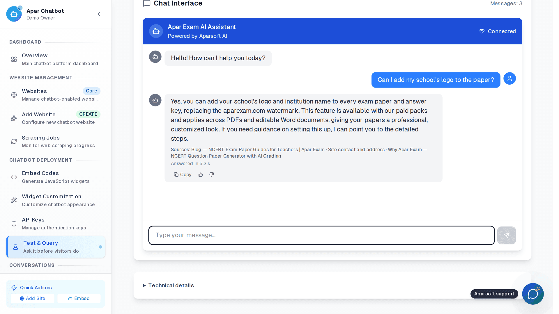 Test & Query answering a question about adding a school logo, with sources