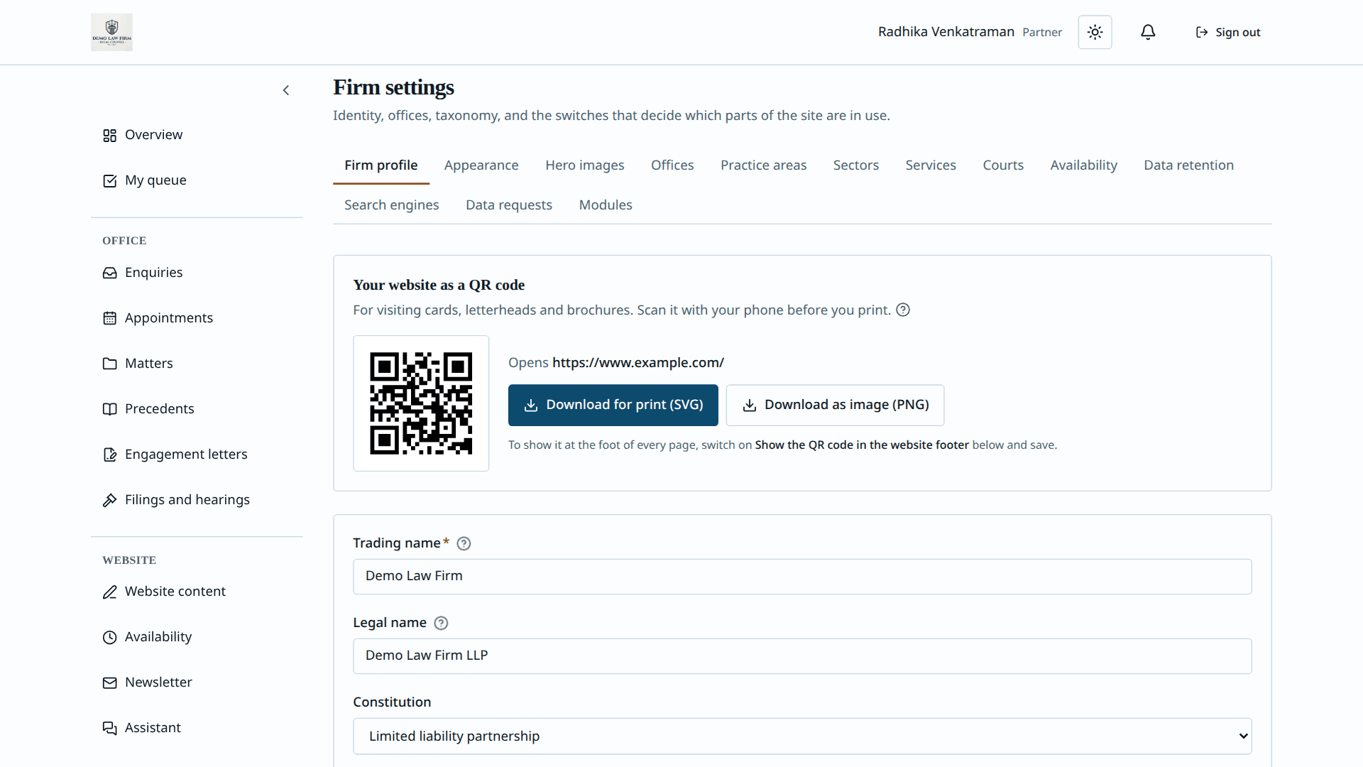 Aparsoft LegalOS — firm profile settings